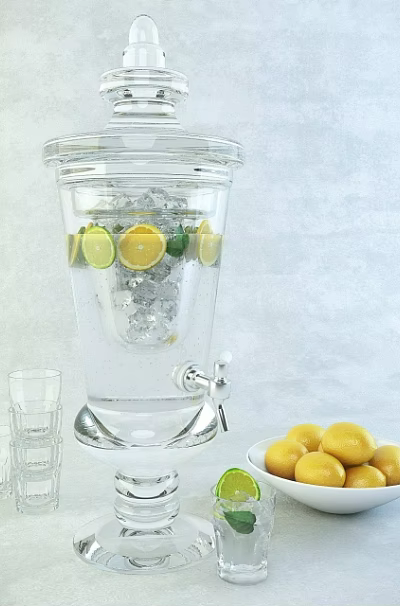 Refreshing Beverage in Clear Glass Dispenser with Ice Cubes Lemon Slices Glasses and Fresh Lemons 3d model