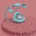 Vintage Blue And White Rotary Dial Telephone On Patterned Tablecloth With Pink Background