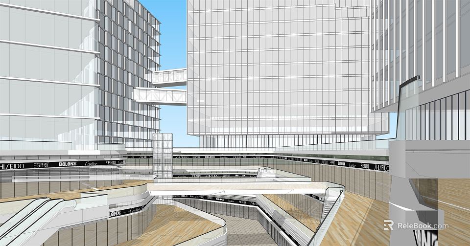 Modern Office Building With Glass Curtain Walls Connected By Sky Bridges And Wooden Decks 3d model 