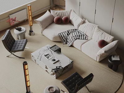 Modern Beige Sofa With Marble Coffee Table And Multiple Cushions In Living Room Interior 3d model