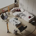 Modern Beige Sofa With Marble Coffee Table And Multiple Cushions In Living Room Interior