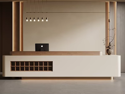 Modern Reception Desk Interior With Minimalist Design Wooden Accents And Pendant Lights 3d model