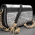 Stylish Ladies Bag With Black And White Pattern Golden Double D Logo And Gold Chain