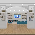 Bright Modern Interior With Arched Doorway White Bookshelves Blue Sofas TV And Wooden Flooring