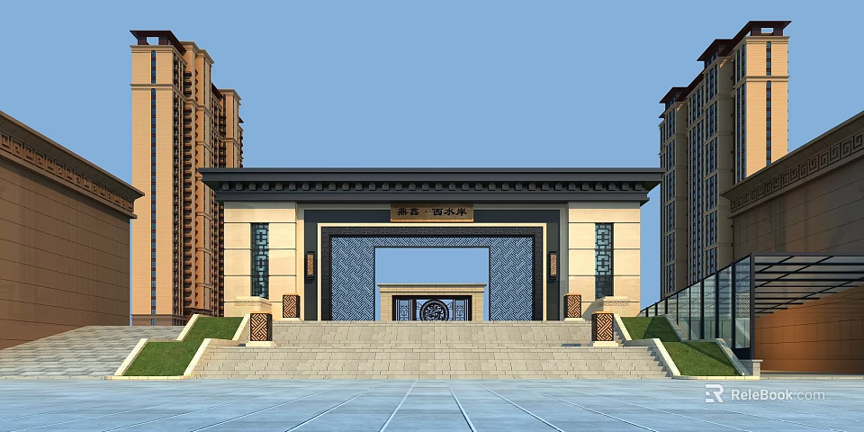 Chinese Style Entrance Gate With Traditional Plaque Stone Steps And High Rise Buildings 3d model 
