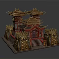 Cartoon Scene Featuring Chinese Traditional Architecture With Golden Red Towers Decorative Roofs And Steps