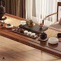 Elegant Traditional Chinese Solid Wood Tea Table and Chairs with Tea Set and Green Plant