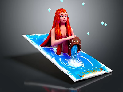 Red Haired Female Holding Water Jug Pouring Water In Blue Pool With Floating Diamond Shapes 3d model