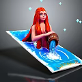Red Haired Female Holding Water Jug Pouring Water In Blue Pool With Floating Diamond Shapes