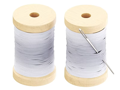 Industrial Equipment Two Wooden Spools With White Thread And Metal Needle 3d model