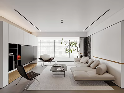 Modern Living Room Interior With White Sofa TV Unit Floor To Ceiling Windows And Plant 3d model