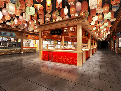 Traditional Style Commercial Street With Hanging Lanterns And Red Counter Food Stalls 3d model