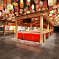 Traditional Style Commercial Street With Hanging Lanterns And Red Counter Food Stalls