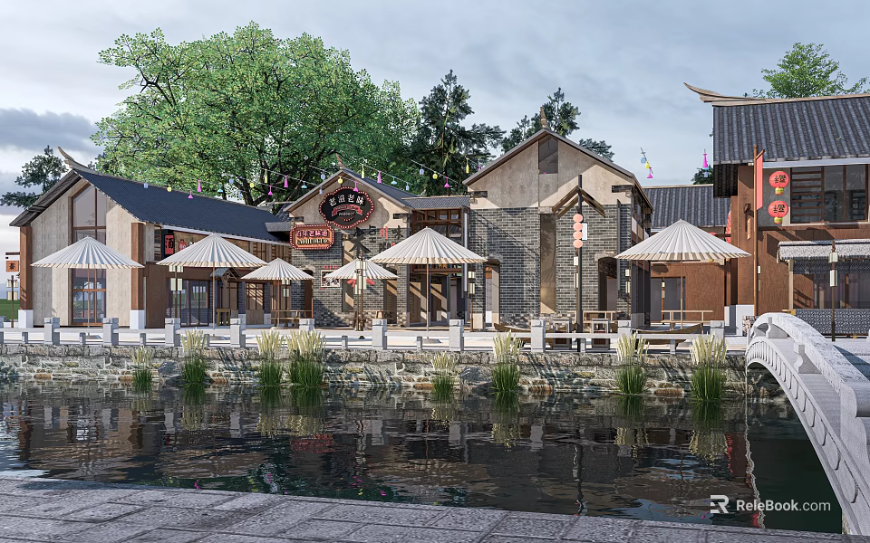 Charming Traditional Chinese Commercial Street With Outdoor Seating Umbrellas Waterfront Trees 3d model 