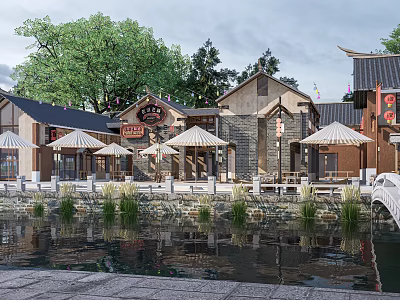 Charming Traditional Chinese Commercial Street With Outdoor Seating Umbrellas Waterfront Trees 3d model