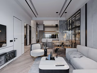 Modern Living And Dining Room Interior With Sofa Coffee Table Dining Table And Open Kitchen 3d model