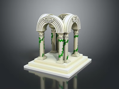 Classical White Structure With Arched Design Columns Adorned With Green Vines On Pedestal 3d model