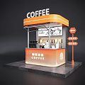 Orange Roof Coffee Kiosk With Menu Display Direction Sign And Tables