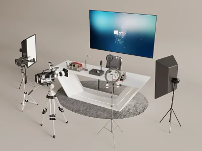 Professional Live Streaming Setup With Large Screen Camera Tripods And Lighting Equipment 3d model