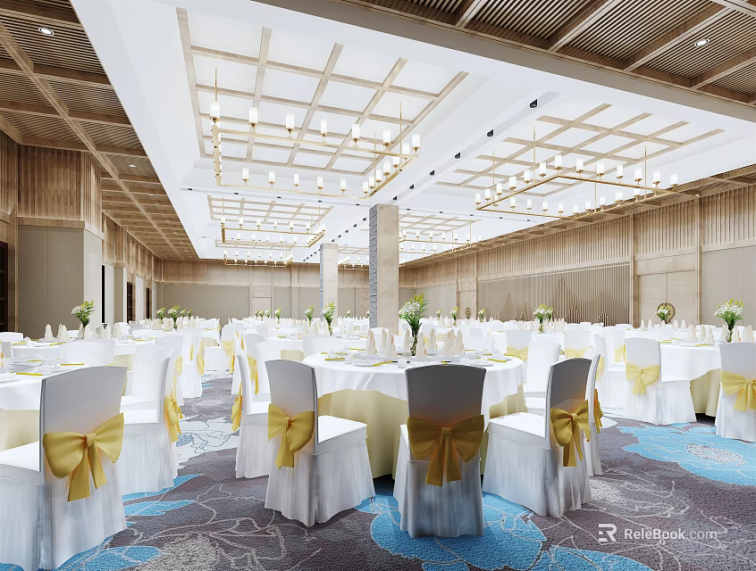 Spacious Modern Banquet Hall With White Chairs Yellow Bows Chandeliers And Wooden Decor 3d model 