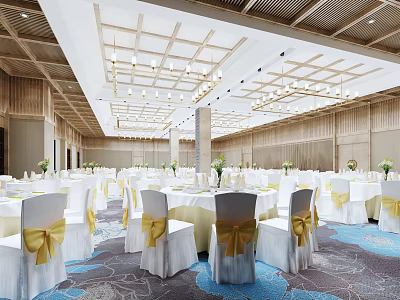 Spacious Modern Banquet Hall With White Chairs Yellow Bows Chandeliers And Wooden Decor 3d model