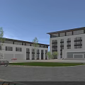 Modern Office Building Exterior With Stone Facade Parking Area And Green Landscaping