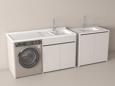 Modern White Bathroom Cabinet with Double Sink Faucet and Washing Machine 3d model