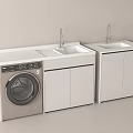 Modern White Bathroom Cabinet with Double Sink Faucet and Washing Machine