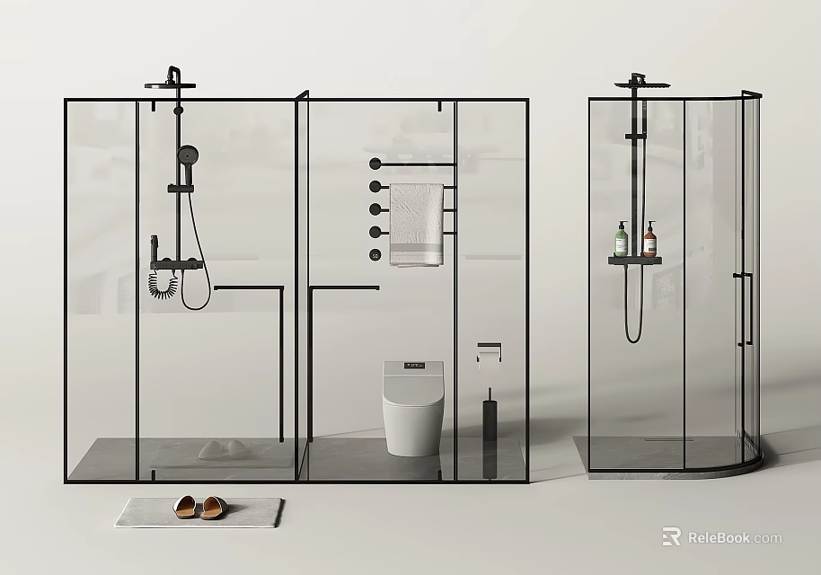 Modern Shower Head Design With Glass Enclosure Handheld Sprayer And Storage Shelf 3d model 