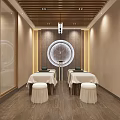 Modern Chinese Style Shop Front Desk With Wooden Walls Circular Decor And Marble Countertop