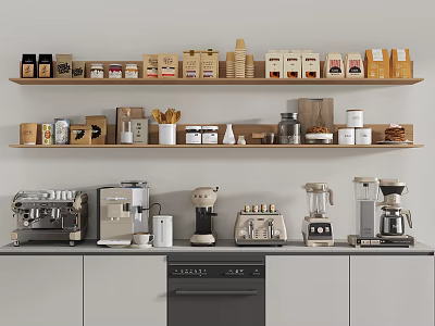 Modern Kitchen Countertop With Organized Daily Electrical Appliances And Wooden Shelves With Food Packages 3d model