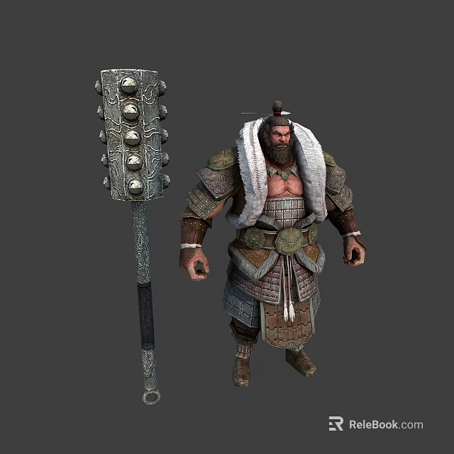 Fierce Warrior In Ancient Armor With Giant Spiked Mace And Fur Cloak 3d model 