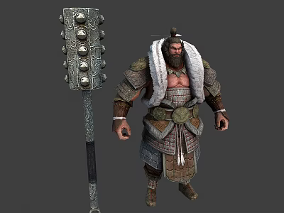 Fierce Warrior In Ancient Armor With Giant Spiked Mace And Fur Cloak 3d model