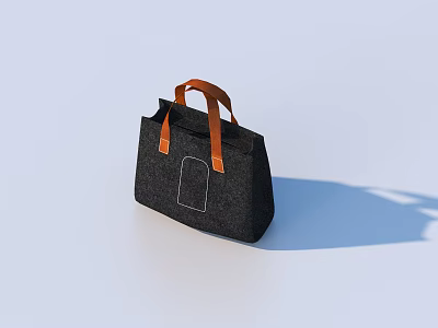 Black Handbag With Brown Leather Handles And White Rectangular Label On Light Blue Background 3d model