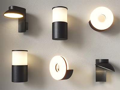 Modern Decorative Wall Lamps With Different Shapes And Black White Finishes Mounted On Gray Wall 3d model
