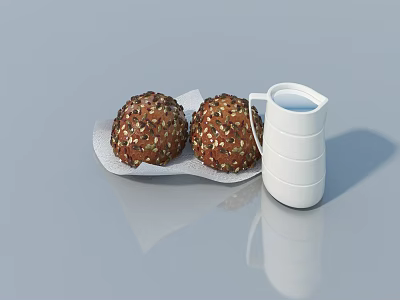 Fresh Seeded Bread Rolls With White Milk Jug On Paper Towel 3d model