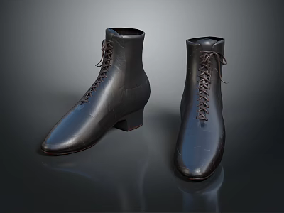 Black Leather Lace Up Ankle Boots With Pointed Toe And Block Heel Design 3d model