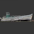 Vintage Wooden Boat With Green Cabin Beached on Shore Surrounded by Stones and Grass