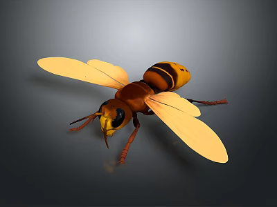 Detailed Yellow and Brown Wasp with Transparent Yellow Wings on Gray Background 3d model