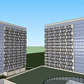 Modern Office Building Complex With Two Tall Towers Triangular Roof Plaza And Pedestrians