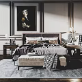 Double Bed Bedroom with Decorative Walls Bedside Painting Nightstands Table Lamps Plaid Blanket Bench