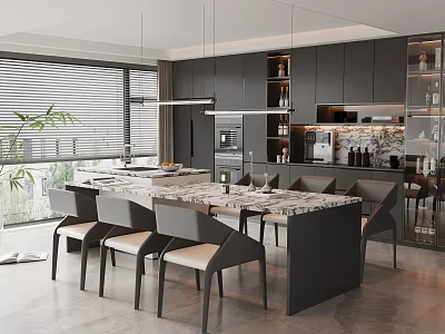 Modern Restaurant Interior With Marble Dining Table Gray Cabinets And Pendant Lights 3d model