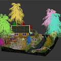 Cartoon Scene With Cozy Cabin Pine Trees Patio Furniture Rocks And Path