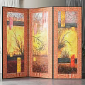 Decorative Three Panel Folding Screen With Yellow Background Red Accents And Plant Patterns 3d model