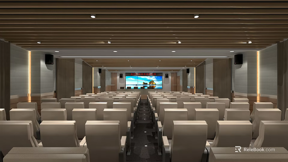 Spacious Conference Room With Rows of Seats Large Screen Wooden Ceiling and Speakers 3d model 