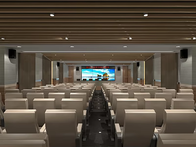 Spacious Conference Room With Rows of Seats Large Screen Wooden Ceiling and Speakers 3d model