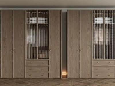 Modern Wooden Wardrobe Interior Design With Double door Glass Paneled Doors And Drawers 3d model