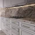 Modern White Kitchen Cabinets With Marble Countertop Island And Striped Backsplash