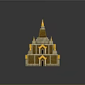 Cartoon Scene of Multi Tiered Brick Building with Golden Spires on Green Grass Sandy Ground