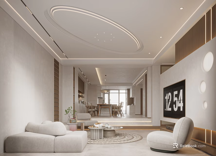 Modern Living Dining Room Interior Design With Sofa Coffee Table Rug Dining Table Circular Ceiling Light TV 3d model
